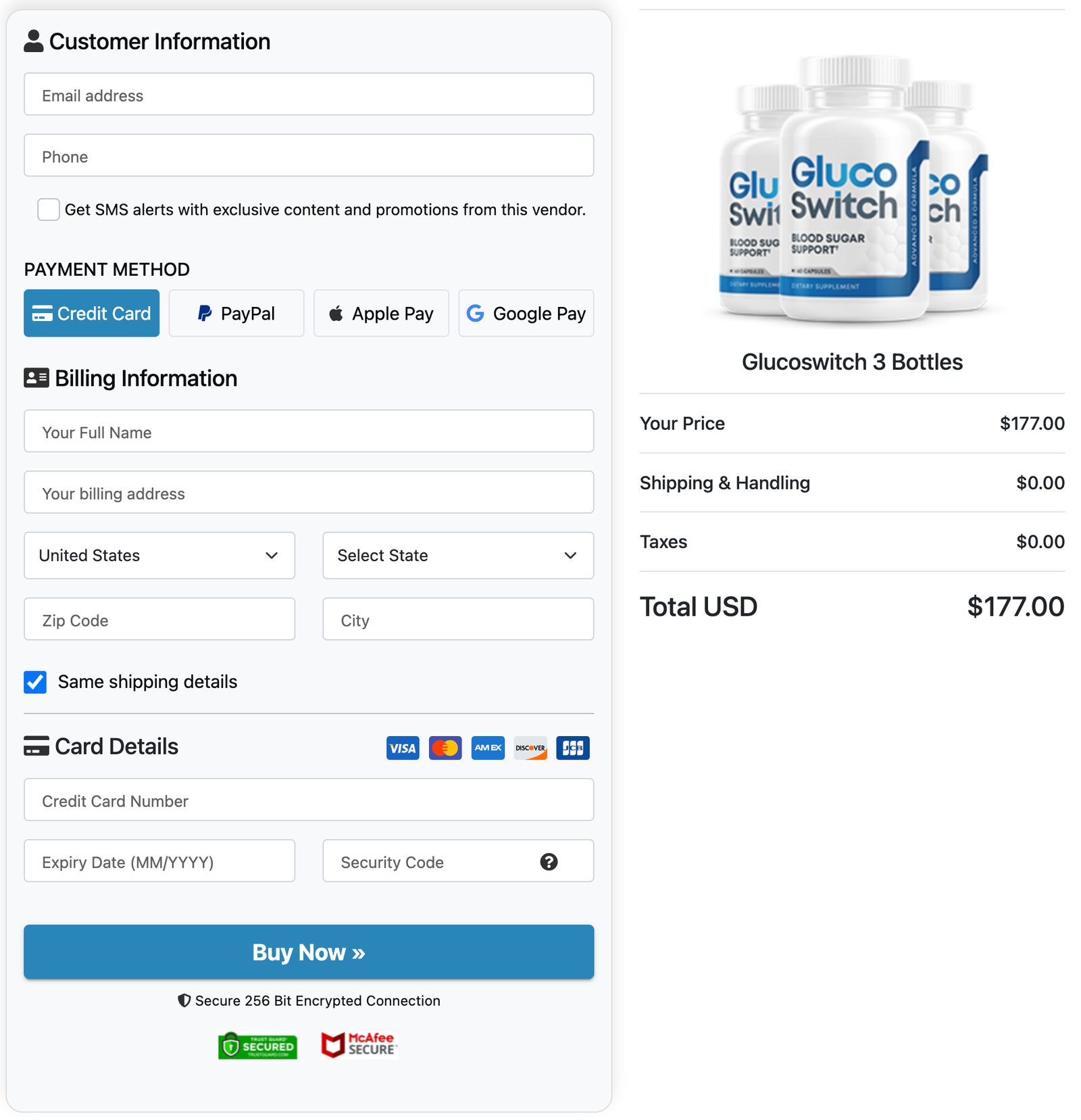 Glucoswitch secure checkout page — order Glucoswitch blood sugar supplement online